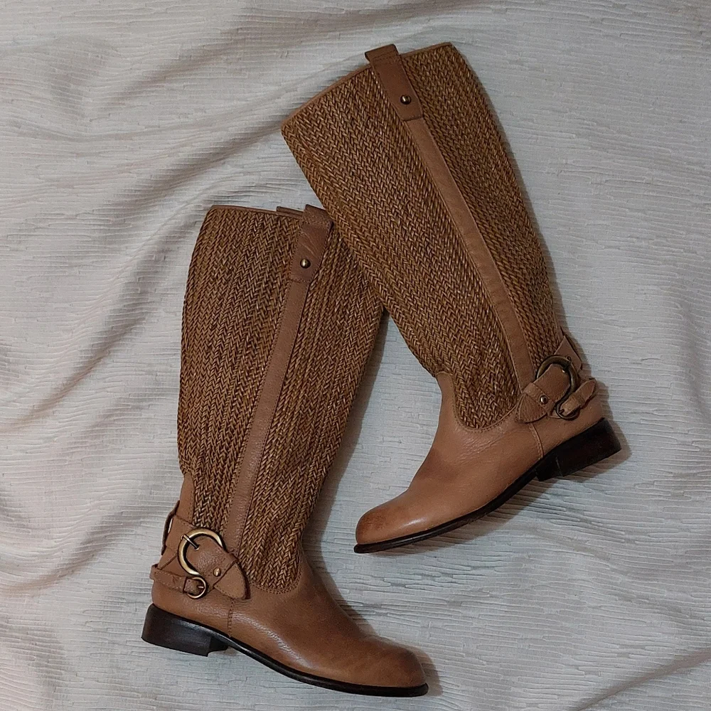 Anthropologie Tan/brown Leather Woven Over the Knee Riding Boots Size 6